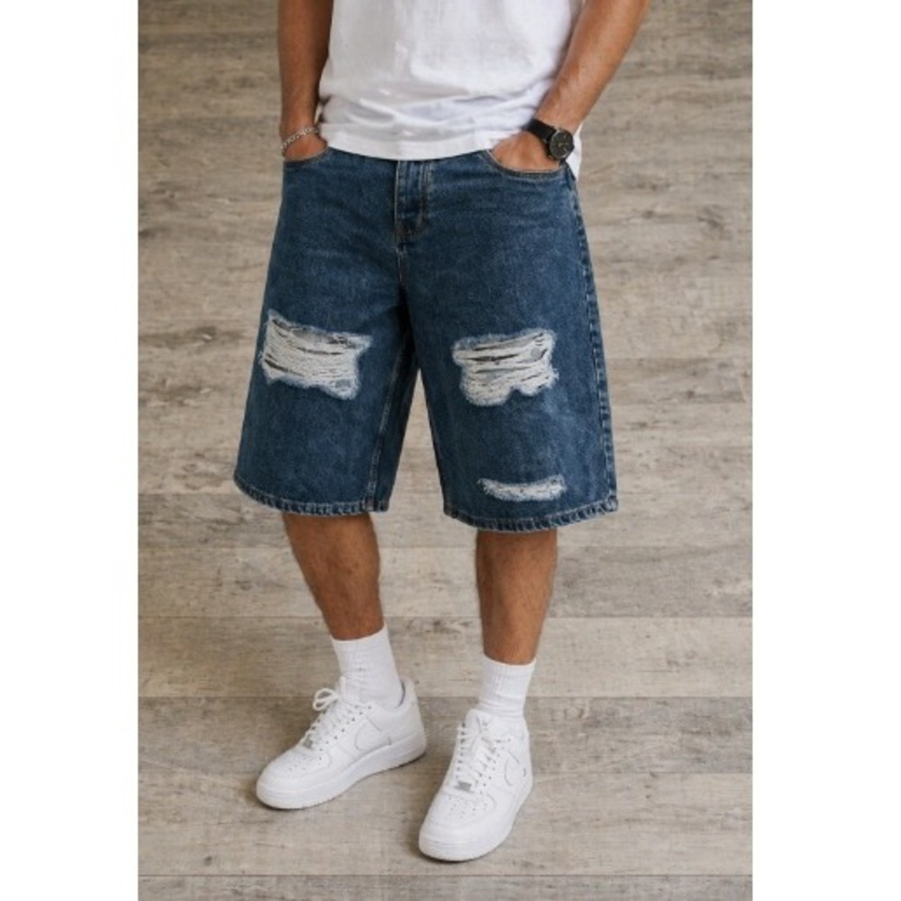 BoohooMan Men's Antique Blue Longline Extreme Rip Jorts Plus Size 38 NWT